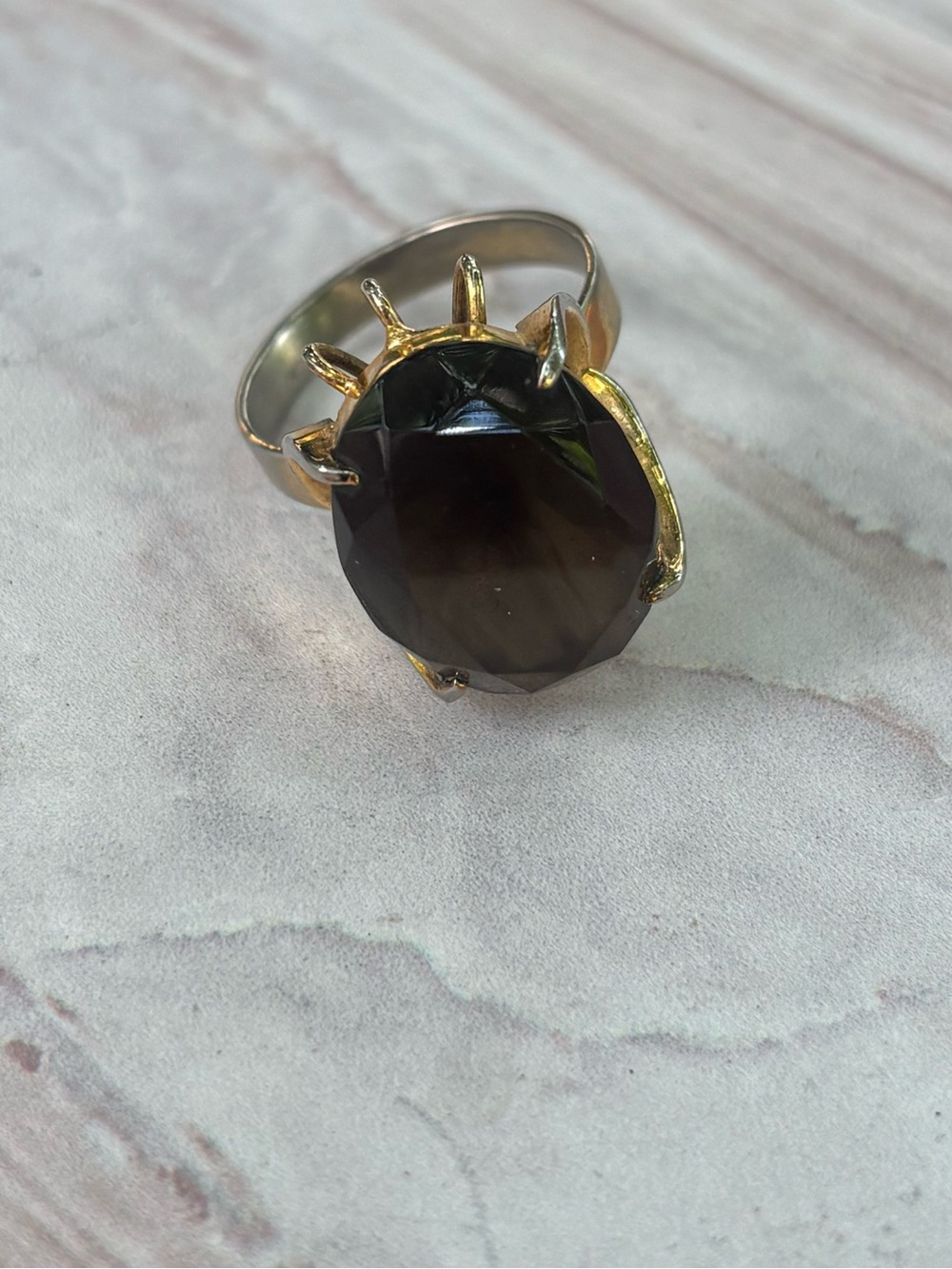 Vintage Sterling Silver Sz 6.5 Smoky Quartz Oval Statement Ring Large Gold Tone - Picture 8 of 10